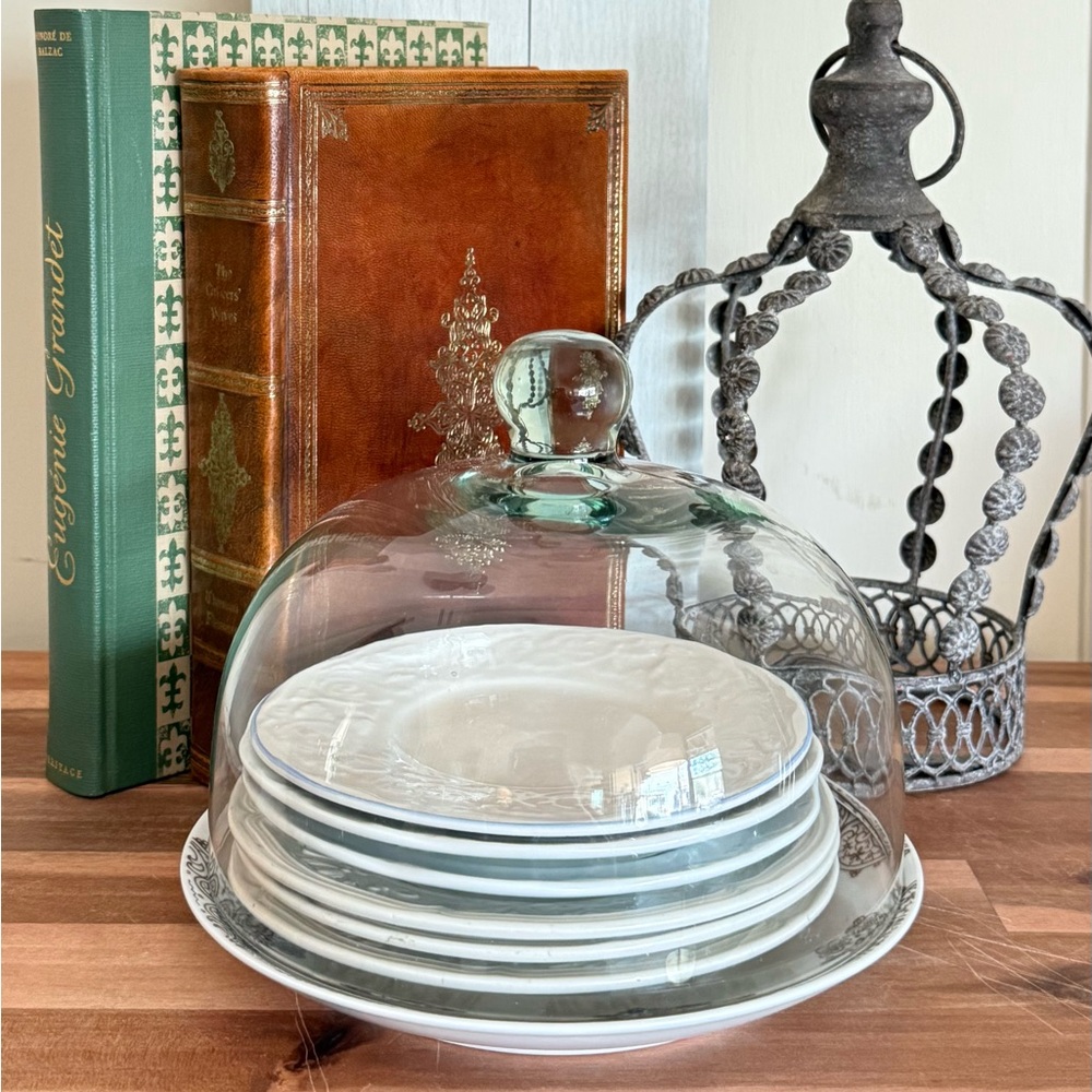 Glass French Cloche, Parisian “Chocolat” Dessert Porcelain Base, Green & Brown